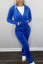 Blue Casual Solid Patchwork Hooded Collar Long Sleeve Two Pieces