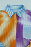 Yellow Casual Striped Print Patchwork Buckle Turndown Collar Shirt Dress Dresses
