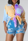 Yellow Casual Striped Print Patchwork Buckle Turndown Collar Shirt Dress Dresses
