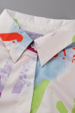 Pink Green Casual Letter Print Patchwork Buckle Turndown Collar Tops