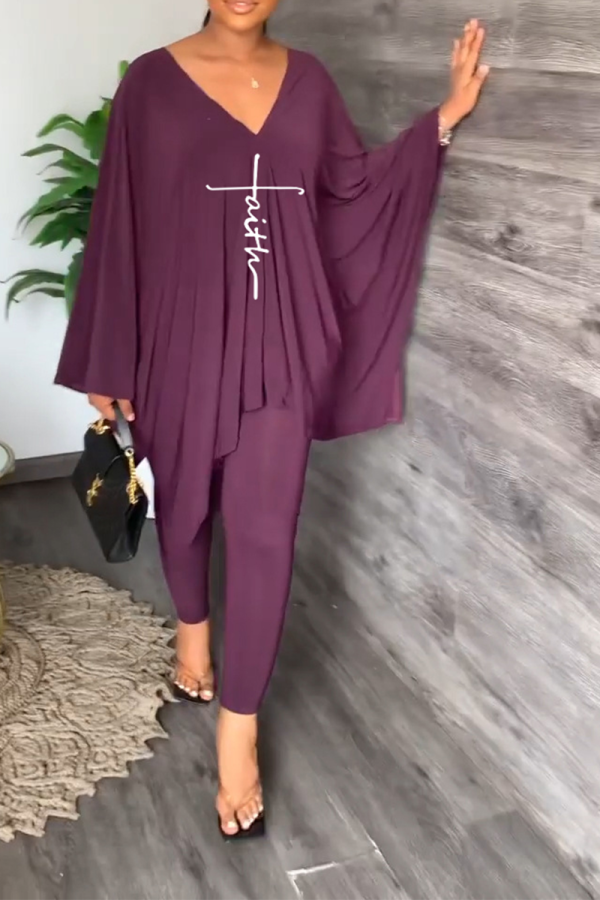Purple Fashion Print Patchwork V Neck Long Sleeve Two Pieces