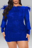 Red Sexy Solid Sequins Patchwork Feathers Off the Shoulder Pencil Skirt Dresses
