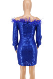 Red Sexy Solid Sequins Patchwork Feathers Off the Shoulder Pencil Skirt Dresses