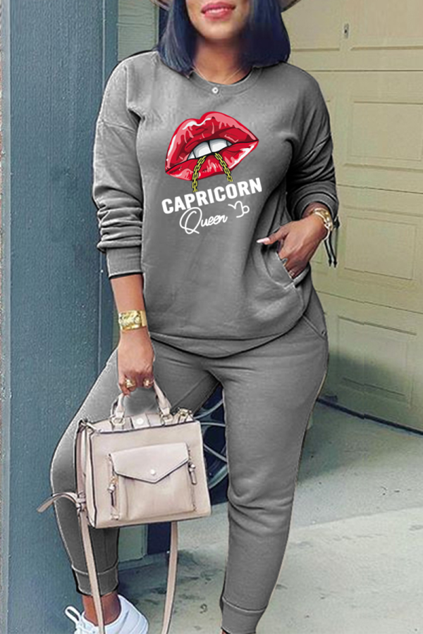 Dark Gray Fashion Lips Printed Patchwork O Neck Long Sleeve Two Pieces