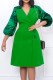 Green Casual Print Patchwork Buckle Turn-back Collar A Line Dresses