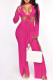 Rose Red Sexy Solid Bandage Patchwork V Neck Long Sleeve Two Pieces