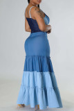 Blue Fashion Sexy Patchwork Backless Contrast Sleeveless Two Pieces