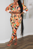 Orange Fashion Print Patchwork Turndown Collar Long Sleeve Two Pieces
