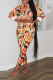 Orange Fashion Print Patchwork Turndown Collar Long Sleeve Two Pieces