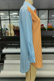Yellow Casual Striped Print Patchwork Buckle Turndown Collar Shirt Dress Dresses