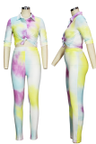 Colour Sexy Patchwork Tie-dye Turndown Collar Long Sleeve Two Pieces
