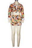 Orange Casual Print Patchwork Turndown Collar Long Sleeve Two Pieces