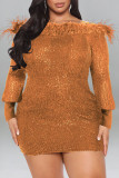 Gold Sexy Solid Sequins Patchwork Feathers Off the Shoulder Pencil Skirt Dresses