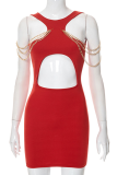 Red Sexy Solid Chains O Neck Pencil Skirt Dresses