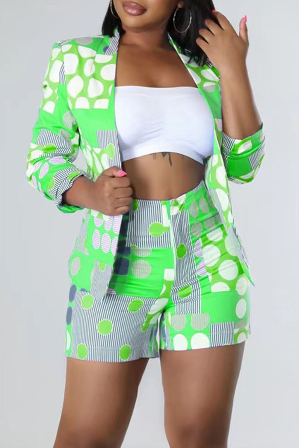 Green Fashion Casual Print Patchwork Turn-back Collar Long Sleeve Two Pieces