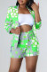Green Fashion Casual Print Patchwork Turn-back Collar Long Sleeve Two Pieces