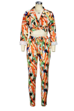 Orange Fashion Print Patchwork Turndown Collar Long Sleeve Two Pieces