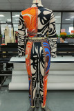 Black Casual Print Patchwork Buckle Turndown Collar Long Sleeve Two Pieces
