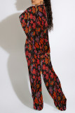 Black Sexy Print Patchwork Turndown Collar Long Sleeve Three Pieces