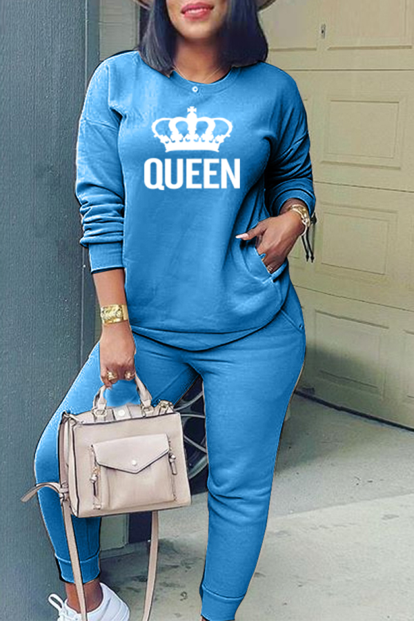 Blue Fashion Print Patchwork O Neck Long Sleeve Two Pieces