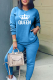 Blue Fashion Print Patchwork O Neck Long Sleeve Two Pieces