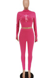 Pink Casual Sportswear Print Embroidered Patchwork O Neck Long Sleeve Two Pieces