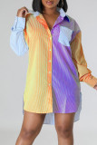 Yellow Casual Striped Print Patchwork Buckle Turndown Collar Shirt Dress Dresses