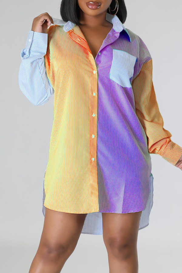 Yellow Casual Striped Print Patchwork Buckle Turndown Collar Shirt Dress Dresses