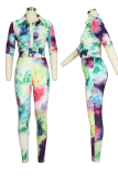 Colour Sexy Patchwork Tie-dye Turndown Collar Long Sleeve Two Pieces