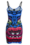 Multicolor Fashion Sexy Print Patchwork Backless Spaghetti Strap Sleeveless Dress