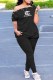 Black Fashion Casual Print Letter Oblique Collar Short Sleeve Two Pieces