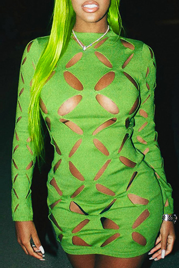 Green Sexy Solid Hollowed Out O Neck Pencil Skirt Dresses