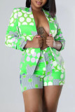 Green Fashion Casual Print Patchwork Turn-back Collar Long Sleeve Two Pieces