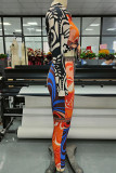 Black Casual Print Patchwork Buckle Turndown Collar Long Sleeve Two Pieces