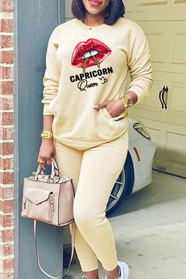 Apricot Fashion Lips Printed Patchwork O Neck Long Sleeve Two Pieces