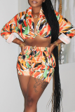 Orange Casual Print Patchwork Turndown Collar Long Sleeve Two Pieces