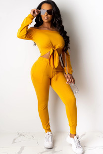 Yellow venetian Casual Two Piece Suits Solid Straight Long Sleeve Two-piece Pants Set