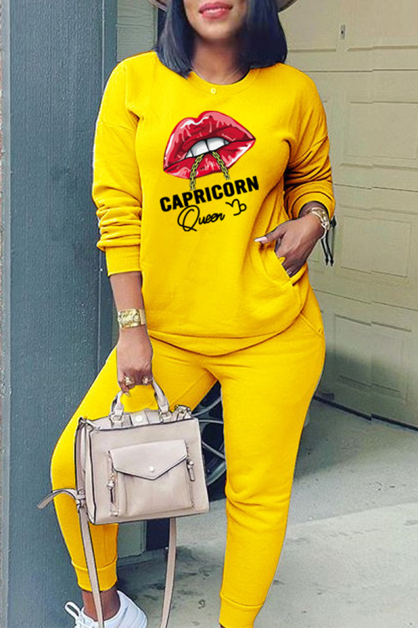 Yellow Fashion Lips Printed Patchwork O Neck Long Sleeve Two Pieces