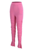 Pink Fashion Casual Solid Fold Regular High Waist Trousers