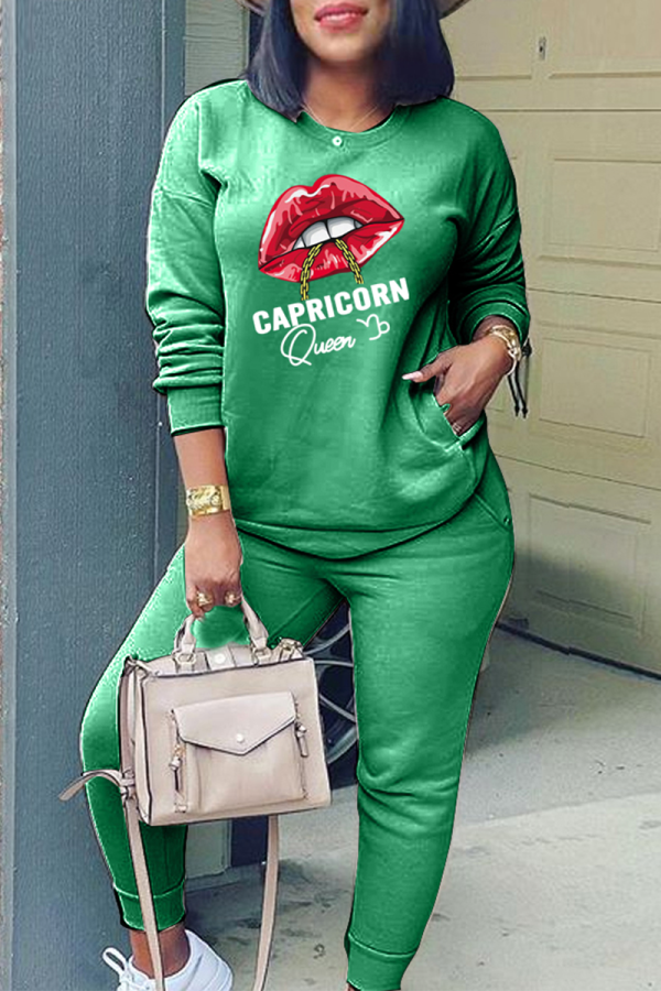 Green Fashion Lips Printed Patchwork O Neck Long Sleeve Two Pieces