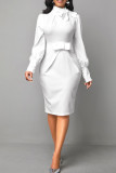 White Elegant Solid Patchwork With Bow Half A Turtleneck One Step Skirt Dresses