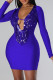Blue Fashion Sexy Patchwork Tassel Sequins Patchwork V Neck Long Sleeve Dresses