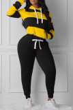 Black Yellow Fashion Casual Patchwork Patchwork Hooded Collar Plus Size Two Pieces