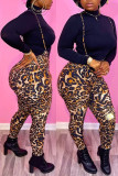Leopard Print Sexy Animal Print Print Long Sleeve Two Pieces