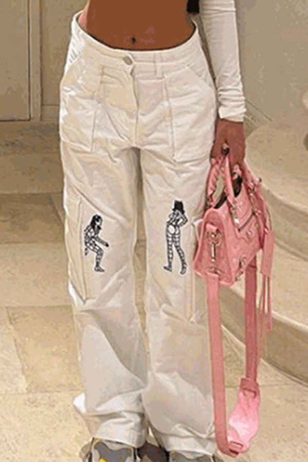 White Fashion Print Patchwork Mid Waist Straight Positioning Print Bottoms
