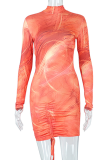 Orange Sexy Print Patchwork Half A Turtleneck Pencil Skirt Dresses