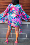 Rose Red Fashion Casual Print Bandage Cardigan Turndown Collar Long Sleeve Two Pieces