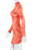 Orange Sexy Print Patchwork Half A Turtleneck Pencil Skirt Dresses