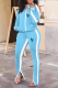 Light Blue Casual Print Slit Zipper Collar Long Sleeve Two Pieces