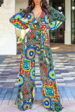 Multicolor Fashion Casual Print Bandage Patchwork V Neck Regular Jumpsuits